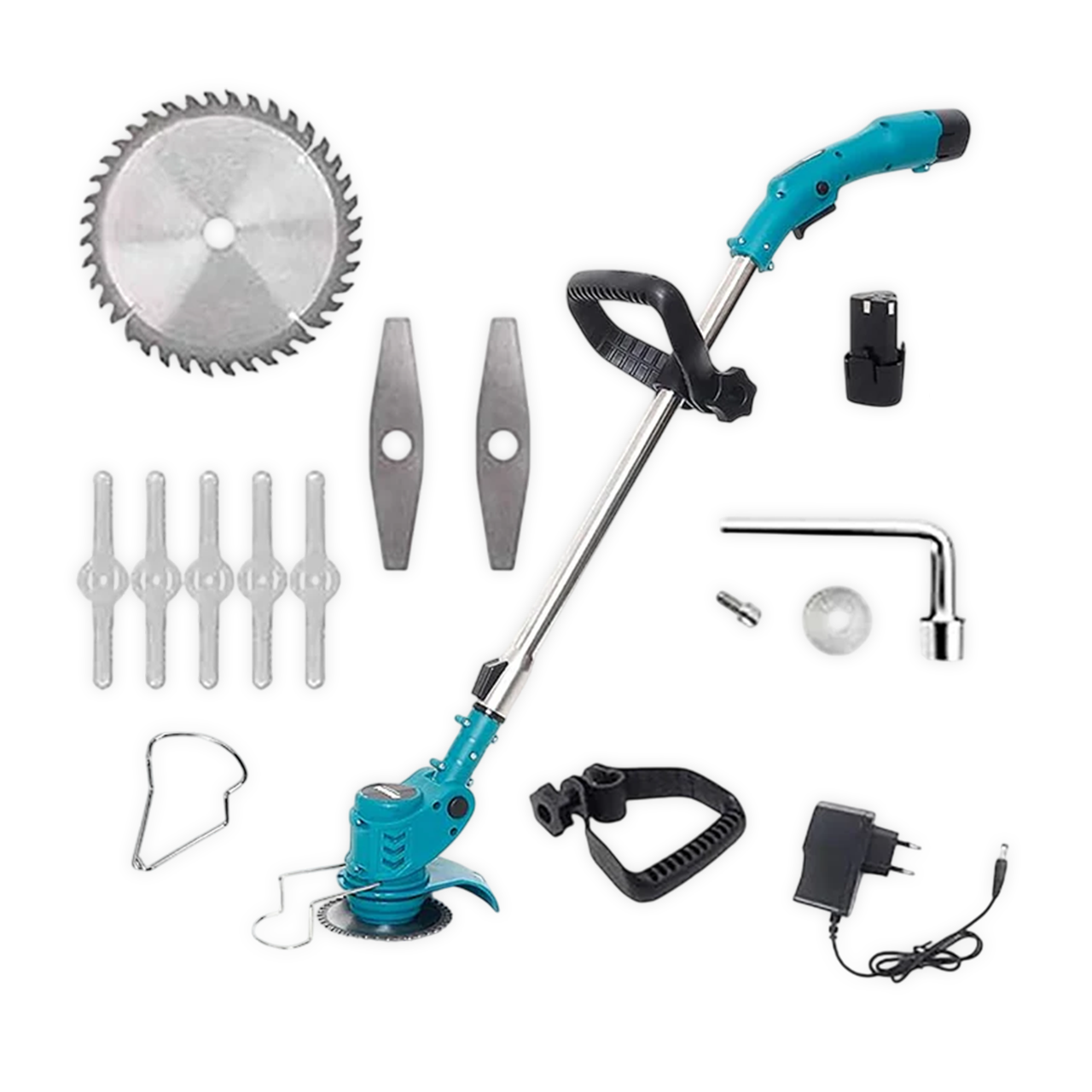 Front view of the OMADA 12V cordless grass trimmer with a 260mm cutting width.