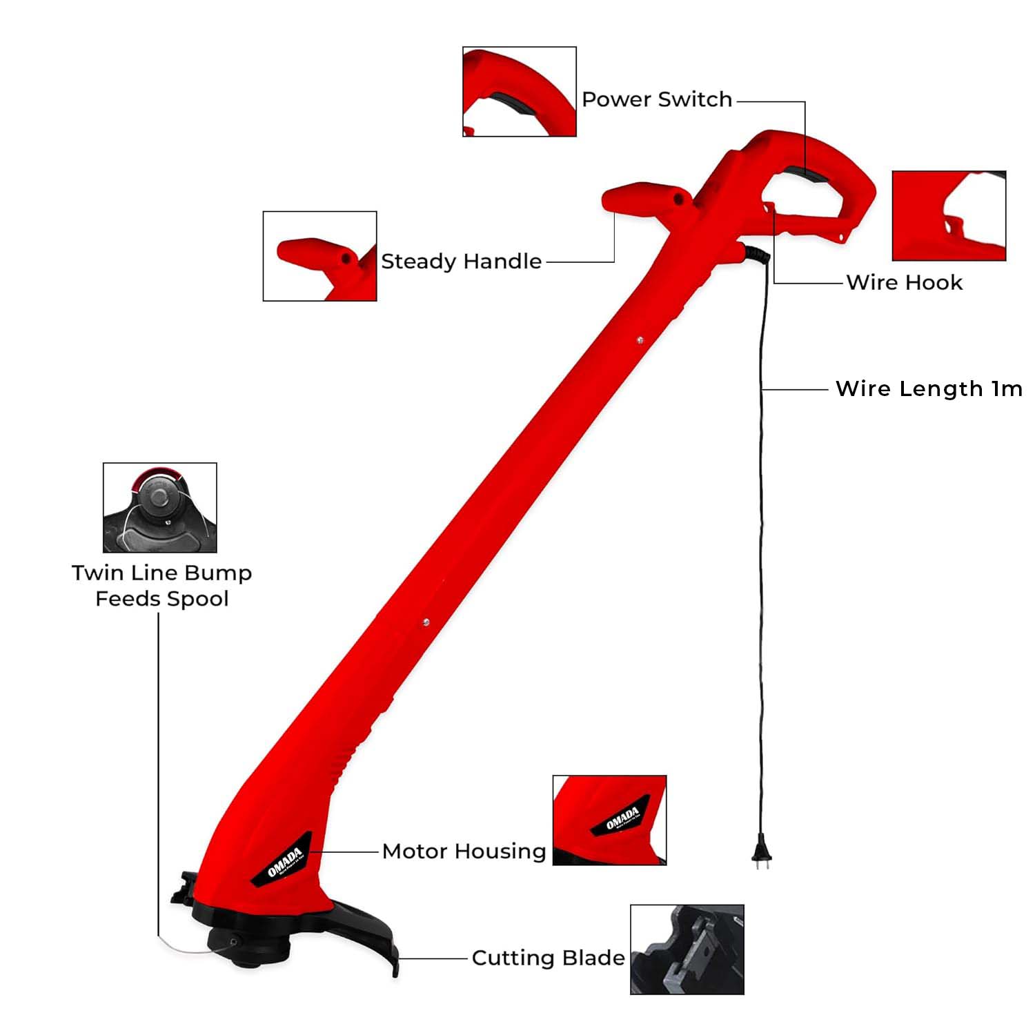 OMADA Corded String Electric Trimmer for Lawns -  Power 250W ,12500 RPM 22cm cutting width and 1m Cable Length