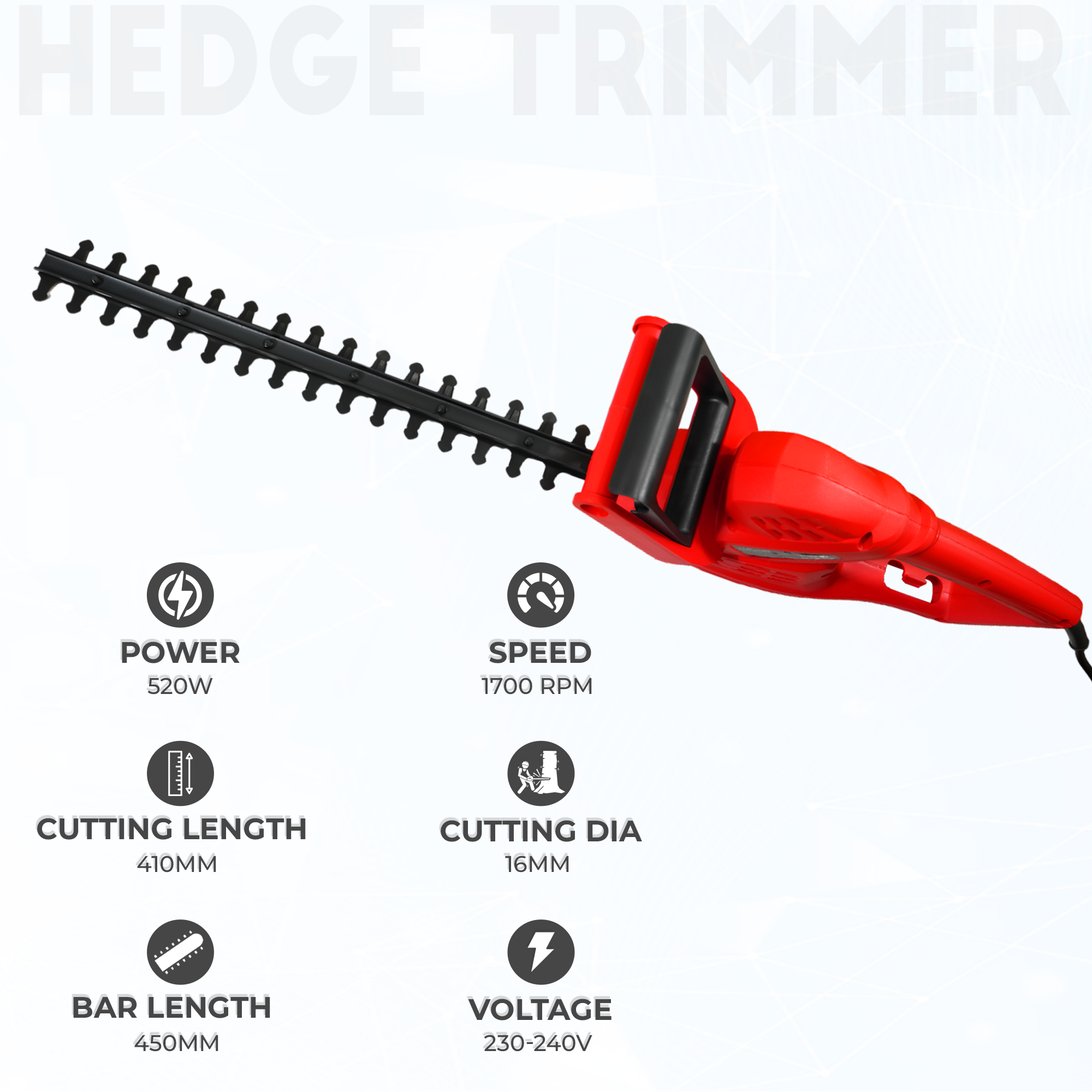 OMADA 520W Corded Hedge Trimmer Powerful Precision with Dual Safety and 16mm Cutting Capacity with 1700 RPM along with 5M cable length