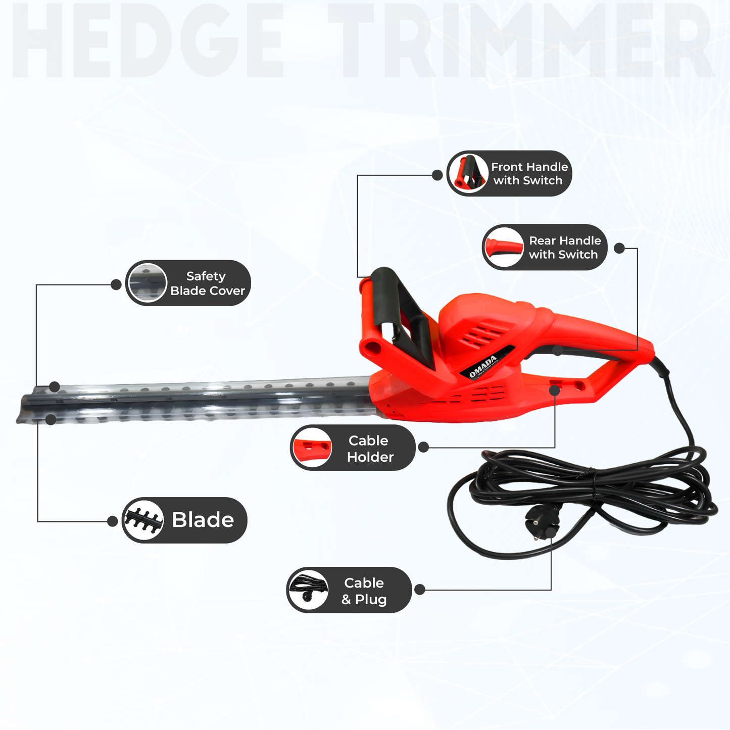 OMADA 520W Corded Hedge Trimmer Powerful Precision with Dual Safety and 16mm Cutting Capacity with 1700 RPM along with 5M cable length