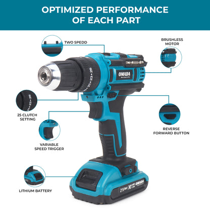 Omada 21V Flat Pusher Power Drill Machine | Cordless Drill