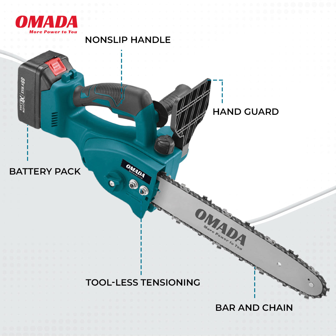 Omada Chainsaw 12-Inch with 2 Battery, Cordless Chainsaw with Security Lock, Handheld Chainsaw for Wood Cutting Tree Branches Trimming Courtyard and Garden