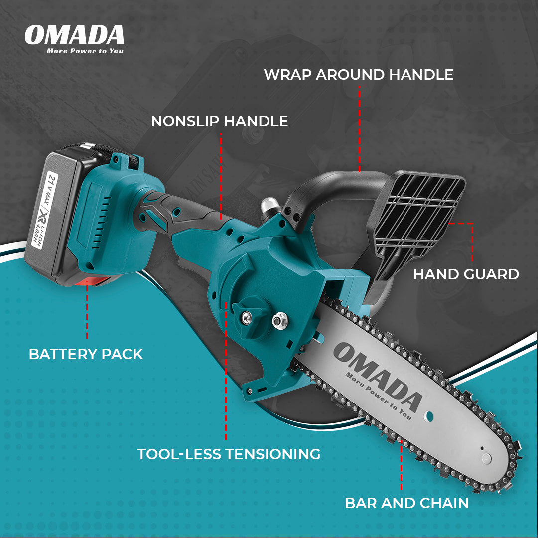 Omada Chainsaw 12-Inch with 2 Battery, Cordless Chainsaw with Security Lock, Handheld Chainsaw for Wood Cutting Tree Branches Trimming Courtyard and Garden