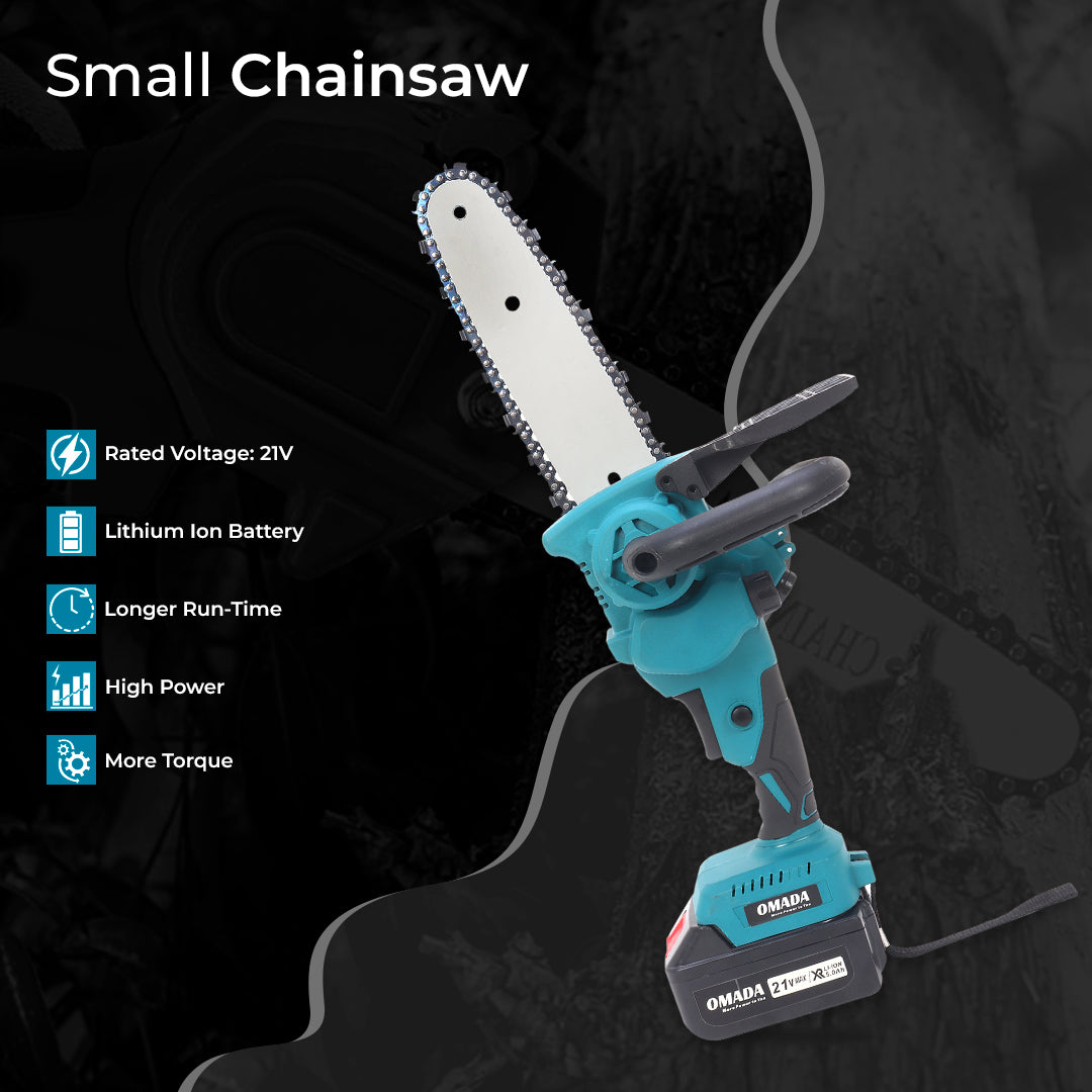 Omada 8  inches Chainsaw  with SECURITY LOCK for 21V 2.0AH 2 batteries (3-4 hours) for tasks without interruptions for Tree Trimming and Branch Wood Cutting