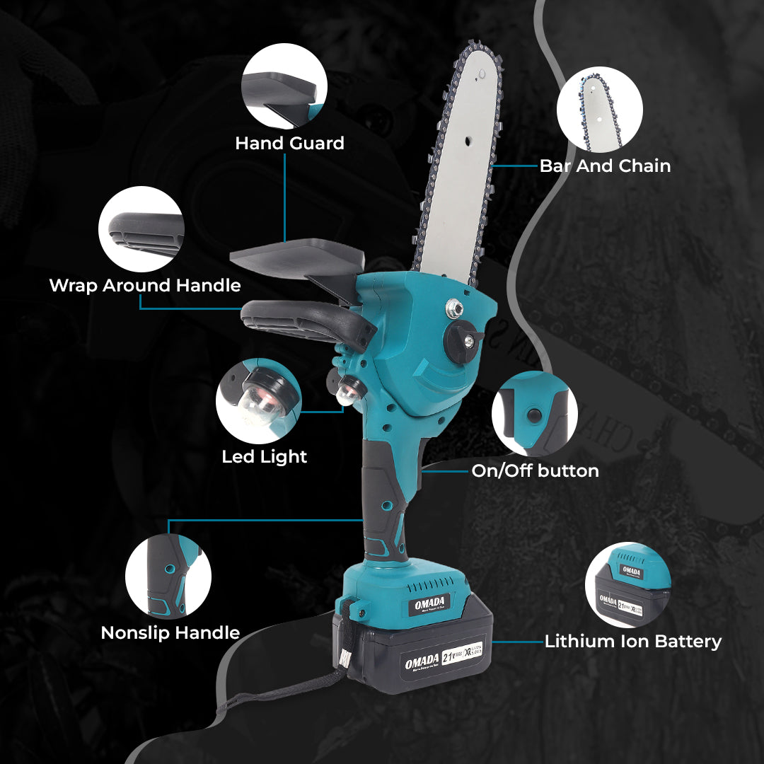 Omada 8  inches Chainsaw  with SECURITY LOCK for 21V 2.0AH 2 batteries (3-4 hours) for tasks without interruptions for Tree Trimming and Branch Wood Cutting