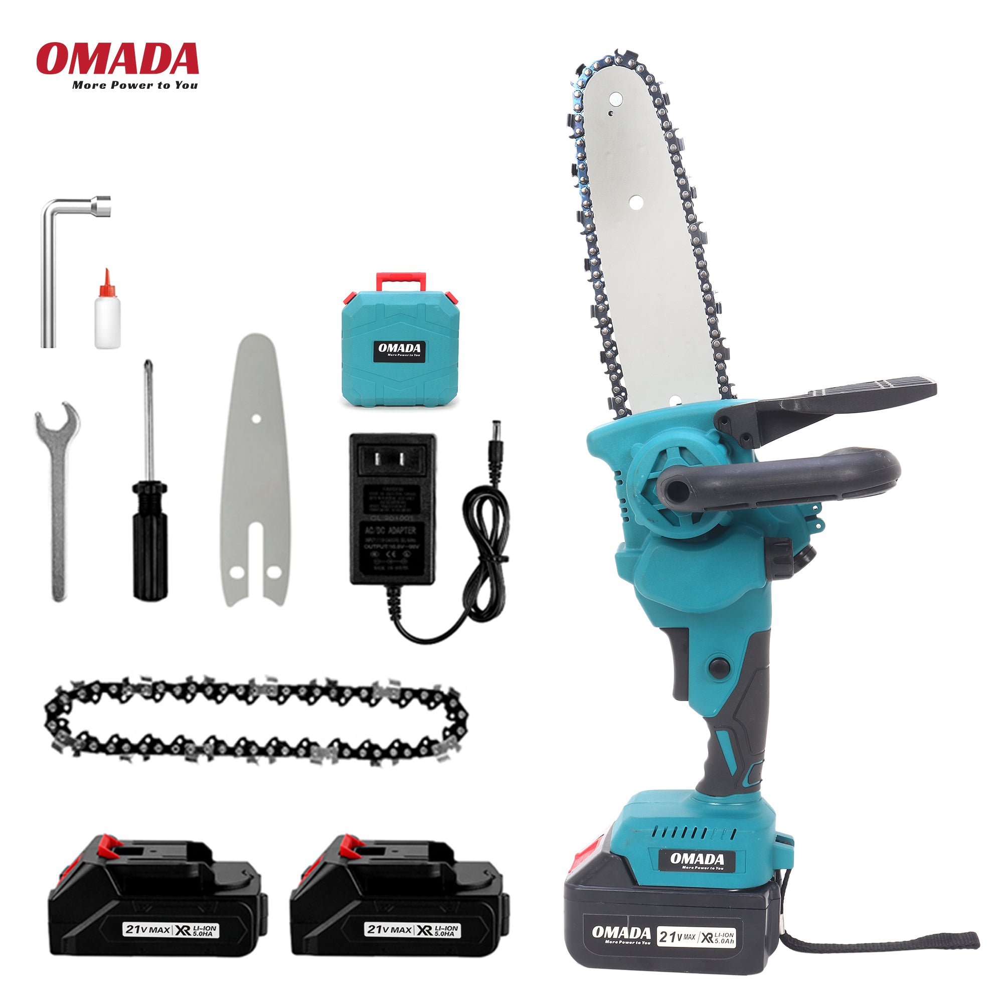 Omada 8  inches Chainsaw  with SECURITY LOCK for 21V 2.0AH 2 batteries (3-4 hours) for tasks without interruptions for Tree Trimming and Branch Wood Cutting