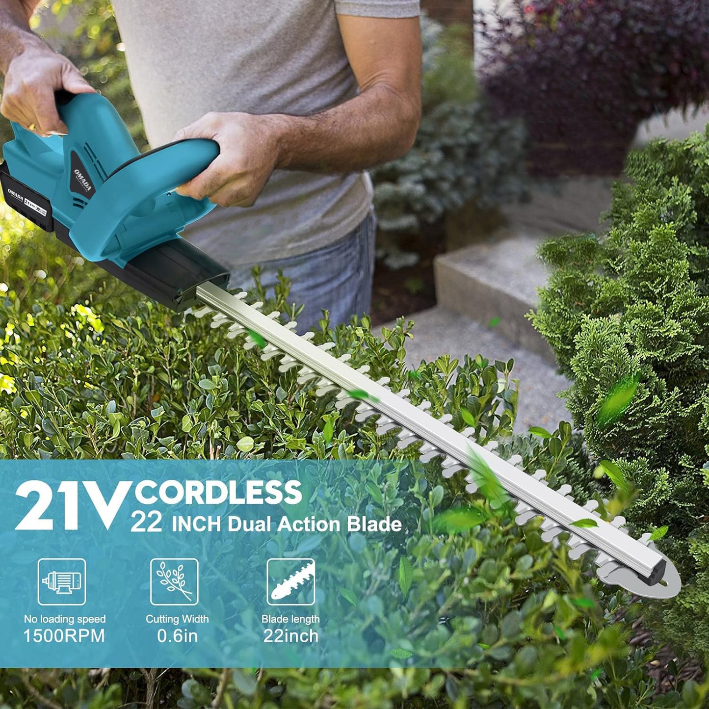 OMADA 21V cordless portable hedge trimmer, 20-inch Dual-Action Laser Blade, 3/5” Cutting Capacity,3000 RPM