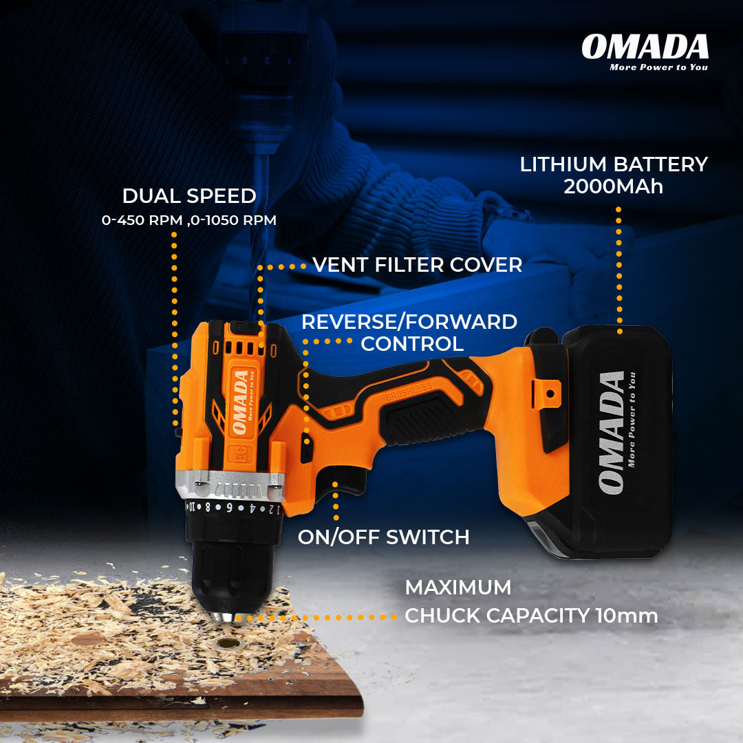 Omada 20V Cordless Hand Drill Machine with Rechargeable Battery