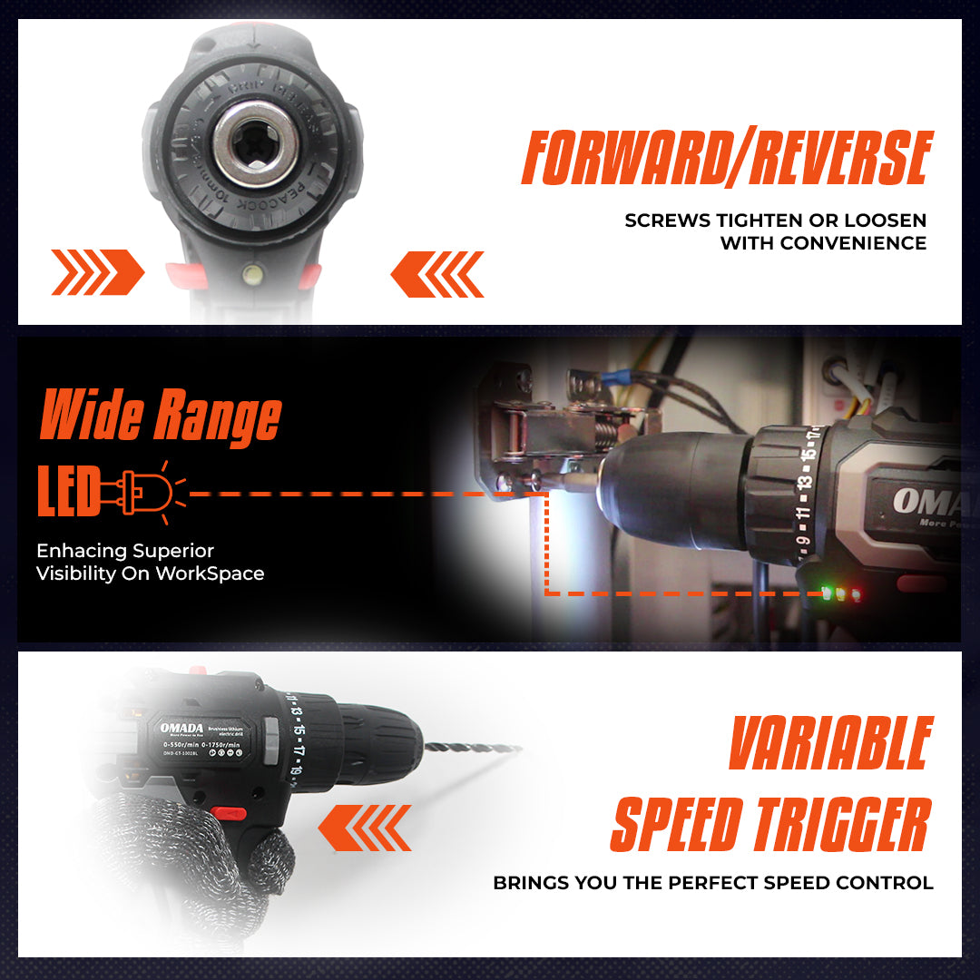 Omada Cordless Drill Machine - Impact Drill 18.5V V 2.0  AH 2 batteries ( 3 - 4 hours ) Torque 30NM  variable peed, Maximum speed 1750 RPM Aluminum chuck 3/8"