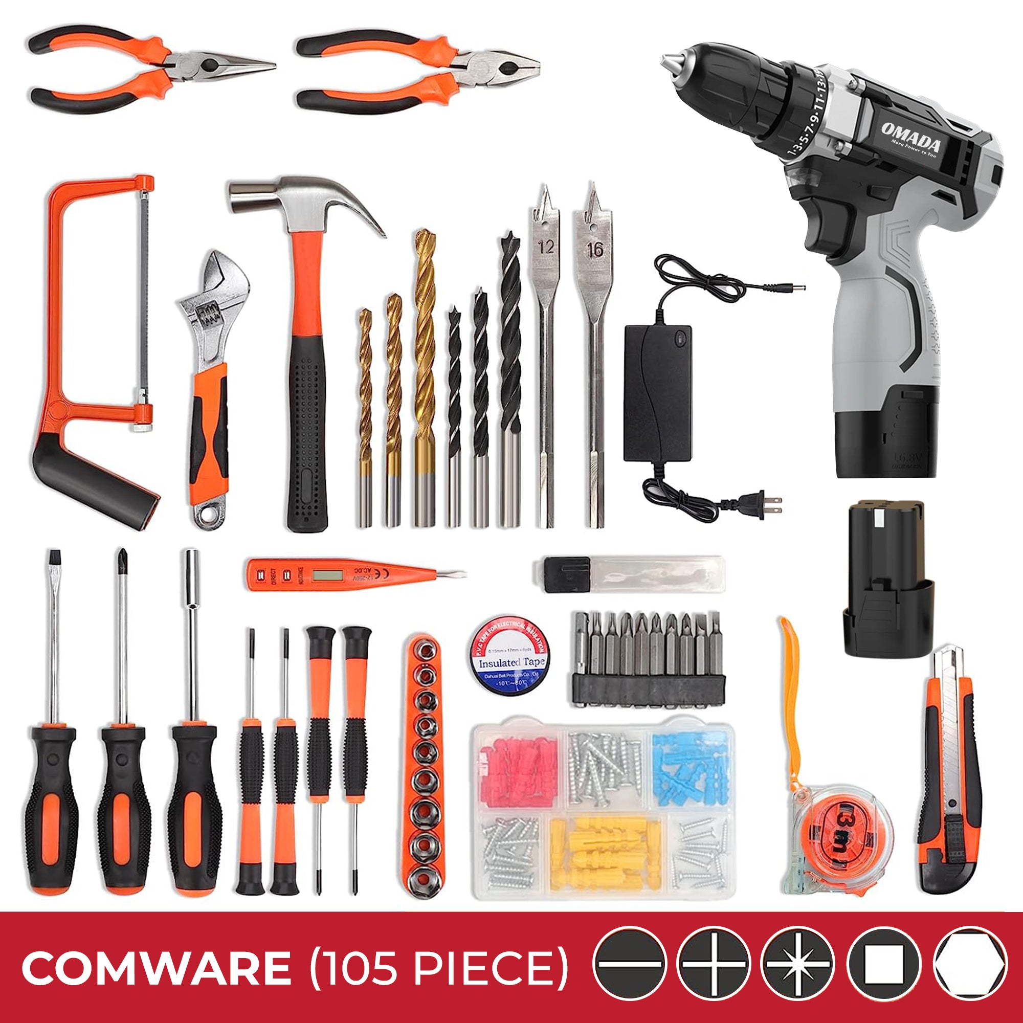 Omada Professional Tool kit with Cordless Drill, 16.8V Lithium Ion Battery, 3/8