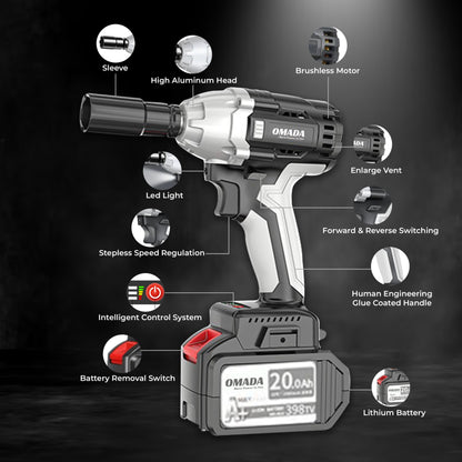 Omada 21V GT Series Heavy Cordless Impact Wrench ,Brushless Impact Gun with Battery and Charger, High Torque 380 ft-lbs 3600 RPM Impact Wrench with Fast Charger & Battery