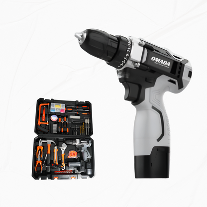 Omada Professional Tool kit with Cordless Drill, 16.8V Lithium Ion Battery, 3/8" Chuck 105Pcs Cordless Drill Household Power Tools Set with Claw Hammer Wrenches Pliers DIY Accessories