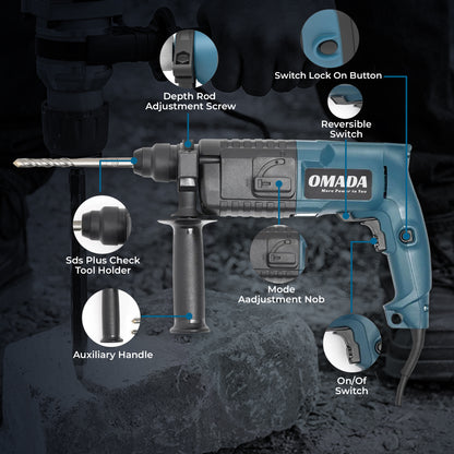 OMADA  Corded Rotary Hammer Drill 500W Heavy Duty , Safety Clutch Functions with Vibration Control 4000 RPM with 3pc Bit Forward/Reverse Rotation or Making Holes in Metal/Wood/Concrete