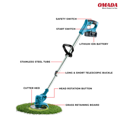 OMADA 21v Cordless Grass Trimmer, Li-Ion Battery Powered,3-in-1 Lightweight Lawn Mower Hedge Trimmer, Garden Tools & Edger Tool with 3 Types Blade