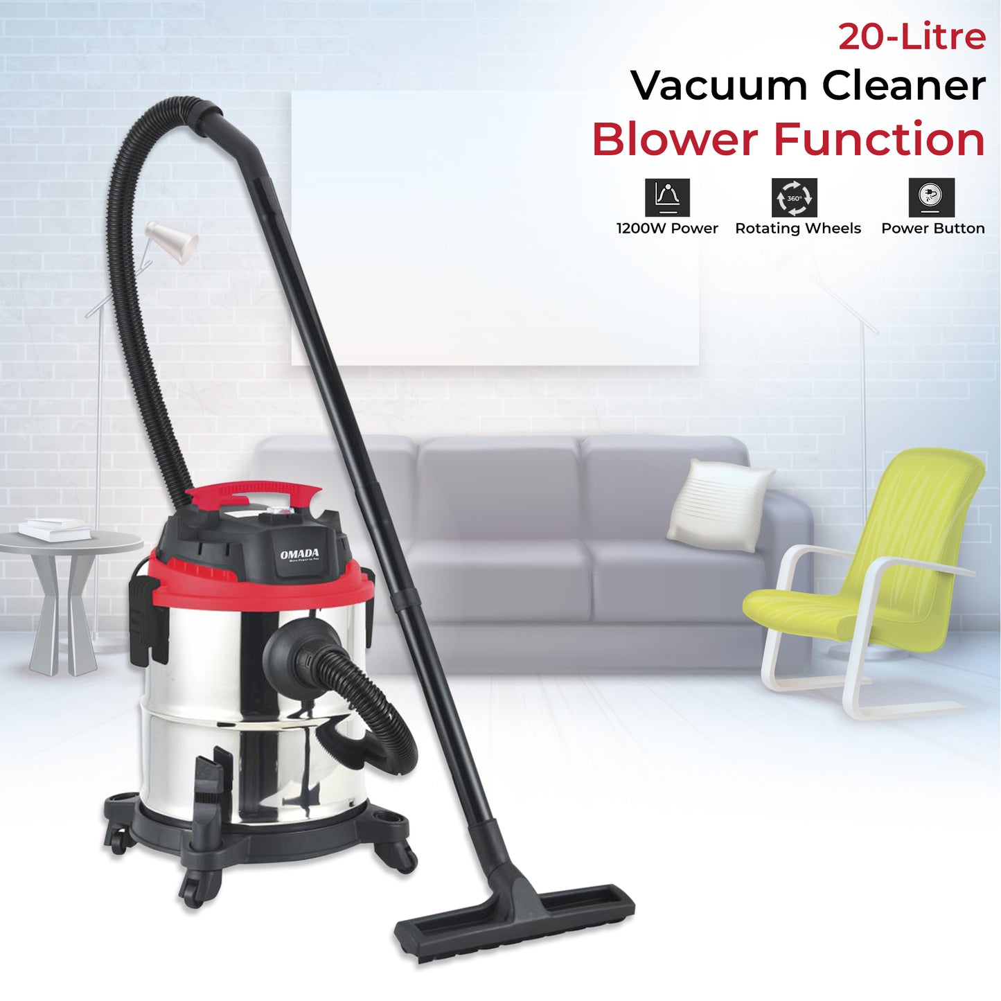 Omada Wet and Dry 20-Litre Vacuum Cleaner, Blower Function - for Home/Office/Car use with High Power Suction with Multiple Accessories