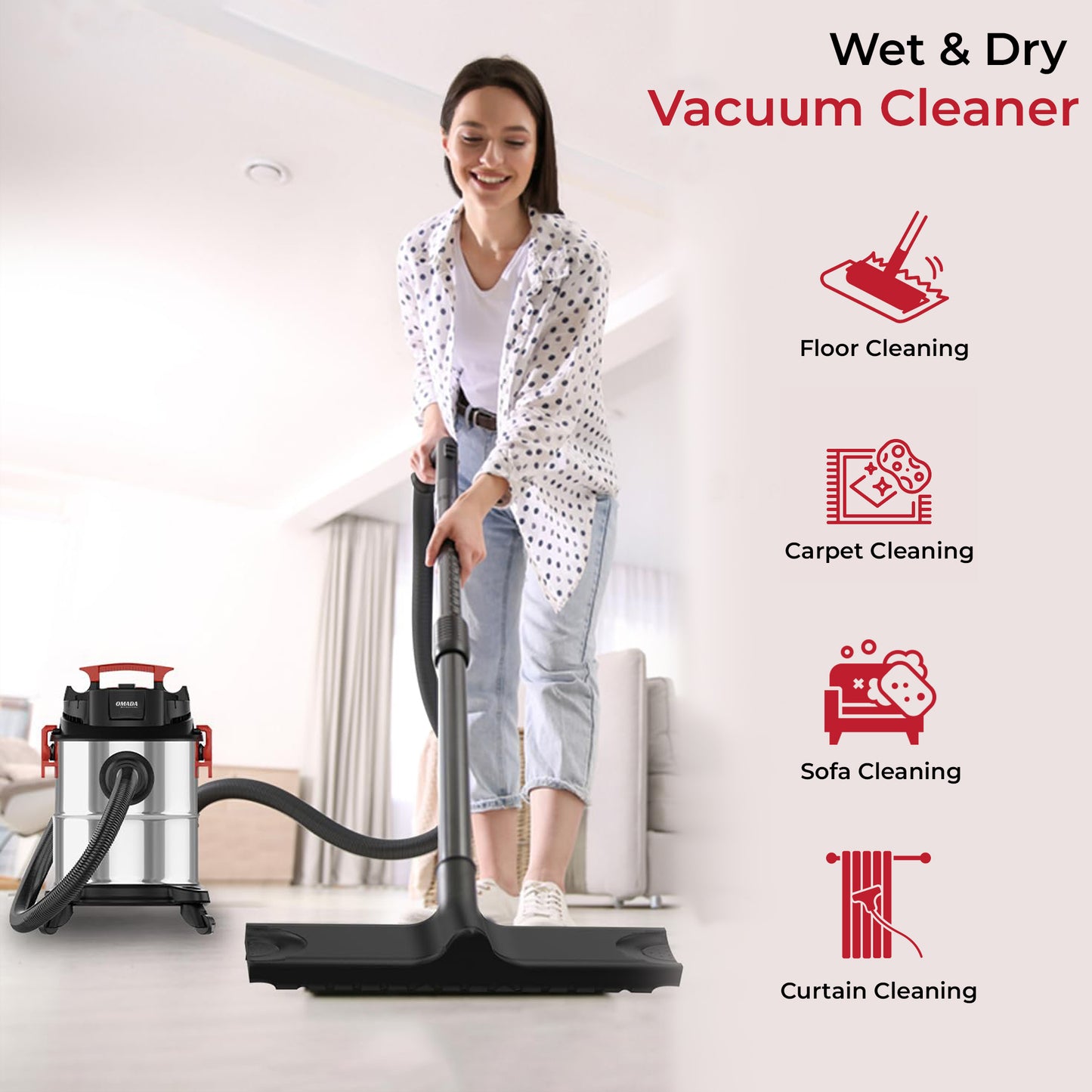 Omada Wet and Dry 20-Litre Vacuum Cleaner, Blower Function - for Home/Office/Car use with High Power Suction with Multiple Accessories