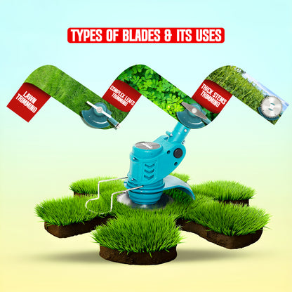A close-up of the OMADA 12V cordless grass trimmer with the blade attached for trimming new grass.