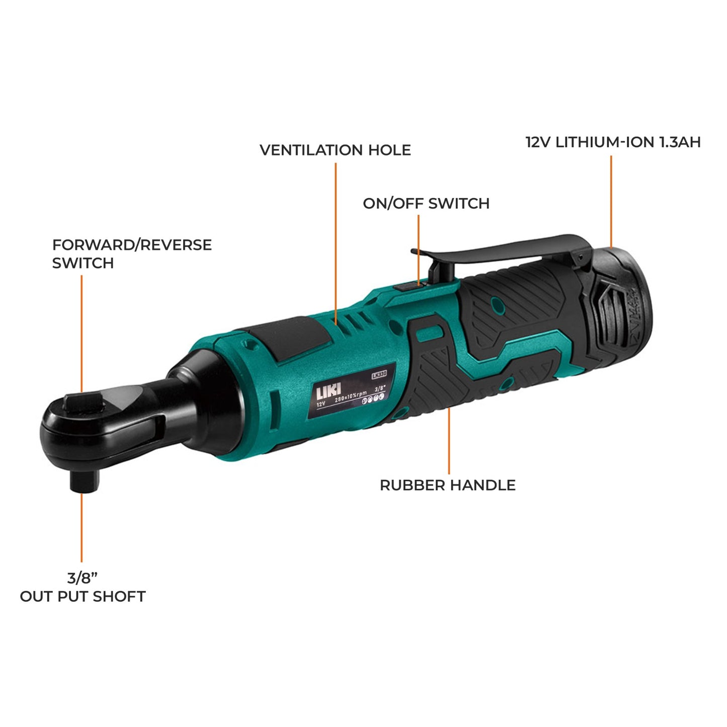 LIKI 3/8" Cordless Electric Ratchet Wrench Set, 40 Ft-lbs 400 RPM 12V Cordless Ratchet Kit w/ 60-Min Fast Charge, Variable Speed Trigger, 2-Pack 2.0Ah Lithium-Ion Batteries, 8 Sockets