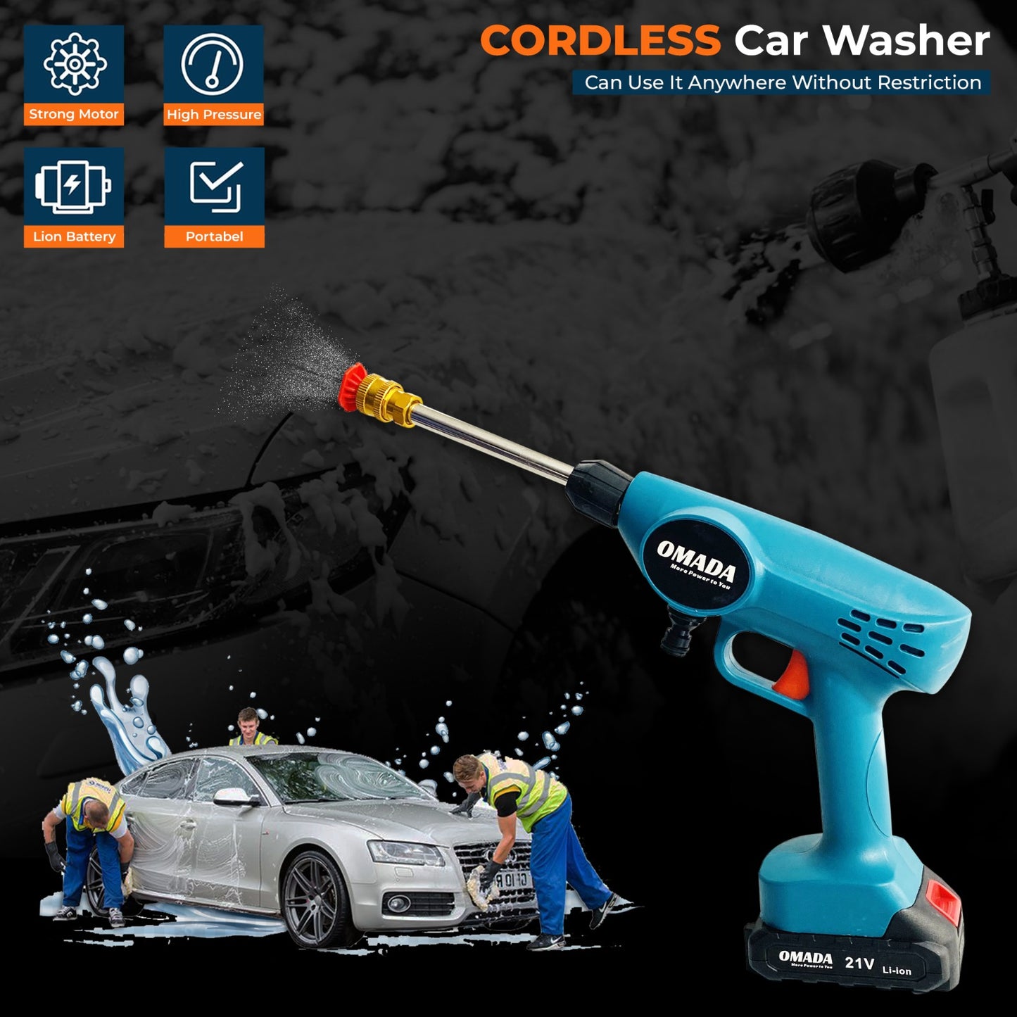 OMADA Cordless Car pressure washer - High Pressure Multipurpose Cleaner Gun 21V 2.0AH 2 Batteires (3-4 hours), 800W 8 Bar Lithium Ion