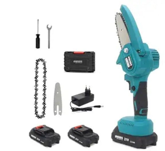 Omada Mini Electric chainsaw - One-Hand Power and Portable 4 inches with SECURITY LOCK for 21V 2.0AH 2 batteries (3-4 hours) for tasks without interruptions for Tree Trimming and Branch Wood Cutting