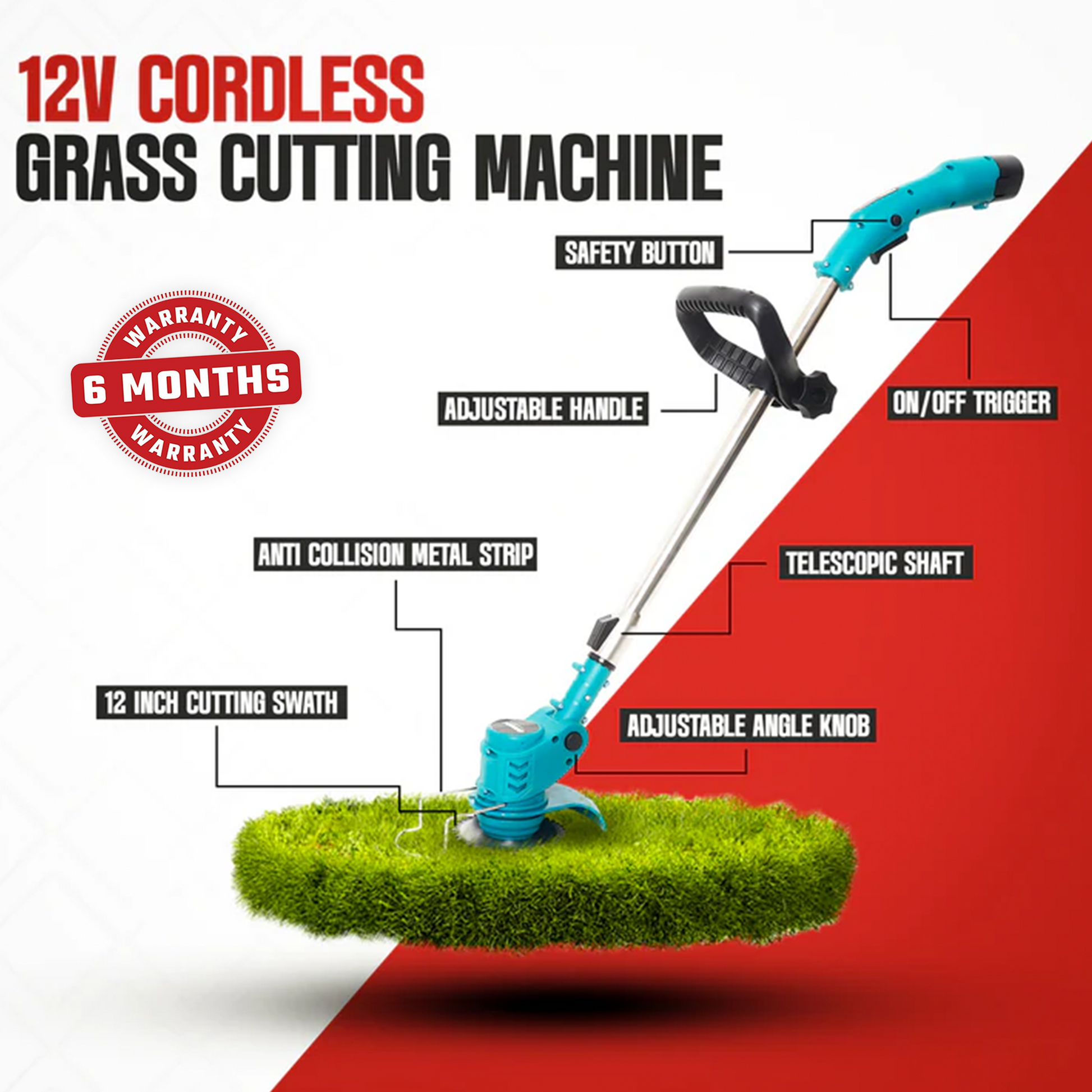 OMADA cordless grass trimmer showing the adjustable telescopic pole for various user heights.